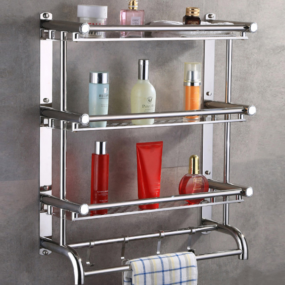 Living and Home 3-Tier Silver Stainless Steel Wall Mounted Bathroom Towel Rail with Shelf and Hooks Image 2