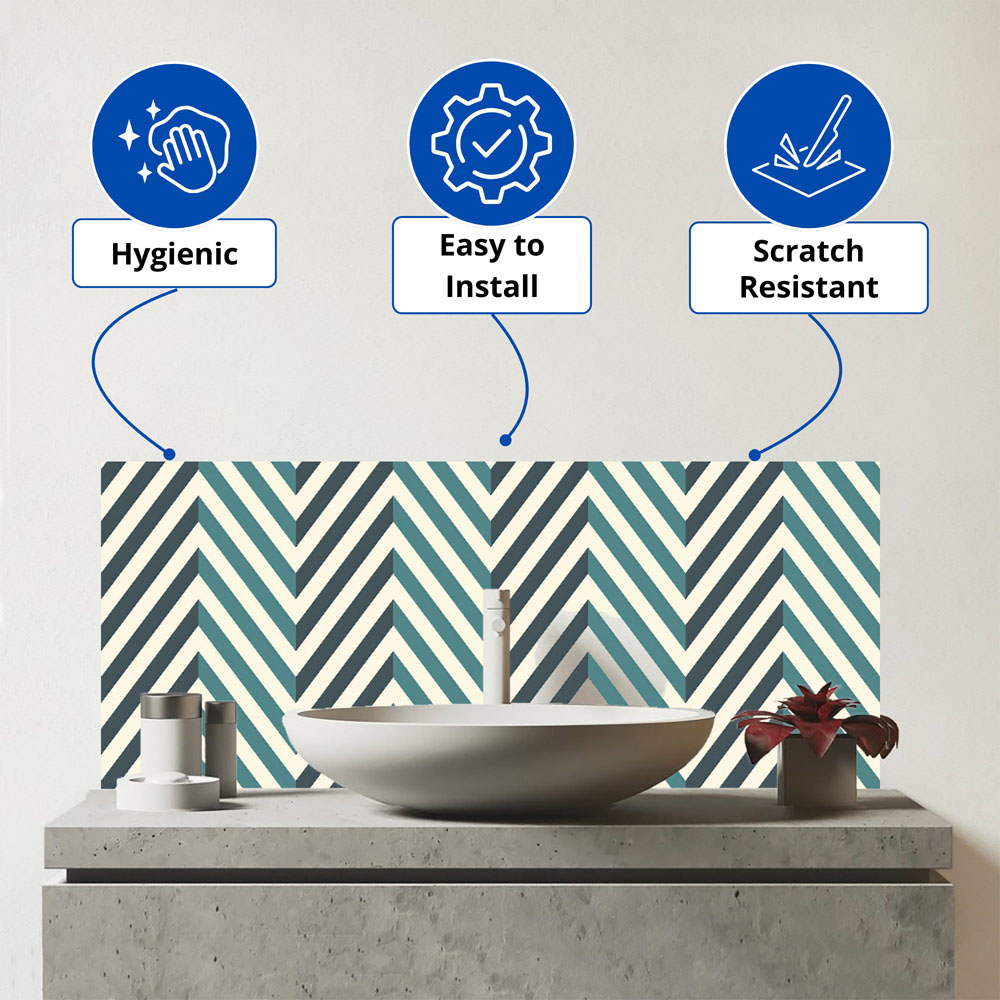 Warren Reed Designer Geometric Herringbone Chevron Blues Glass Bathroom Splashback 25 x 60cm Image 3