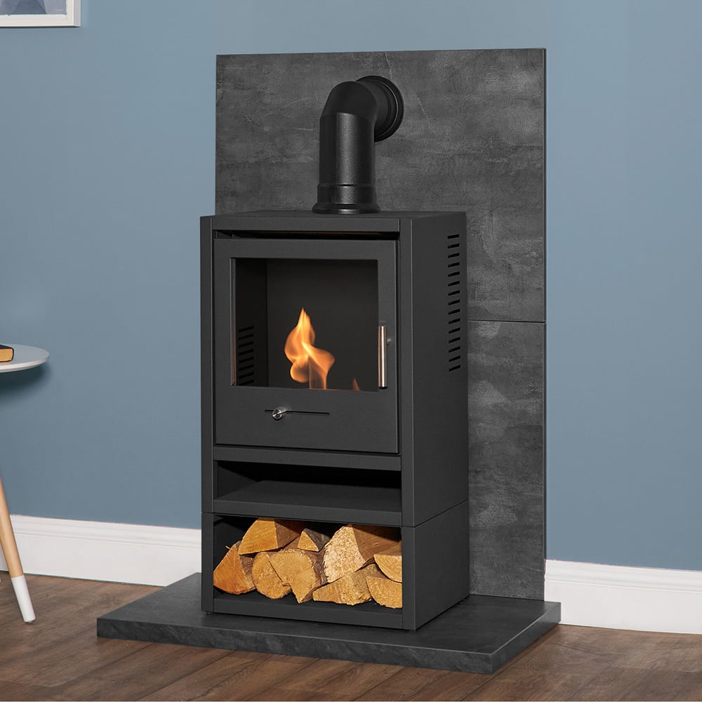 Acantha Slate Venetian Plaster Effect Tile and Hearth with OKO S1 Stove Log Store and Angled Pipe Image 8