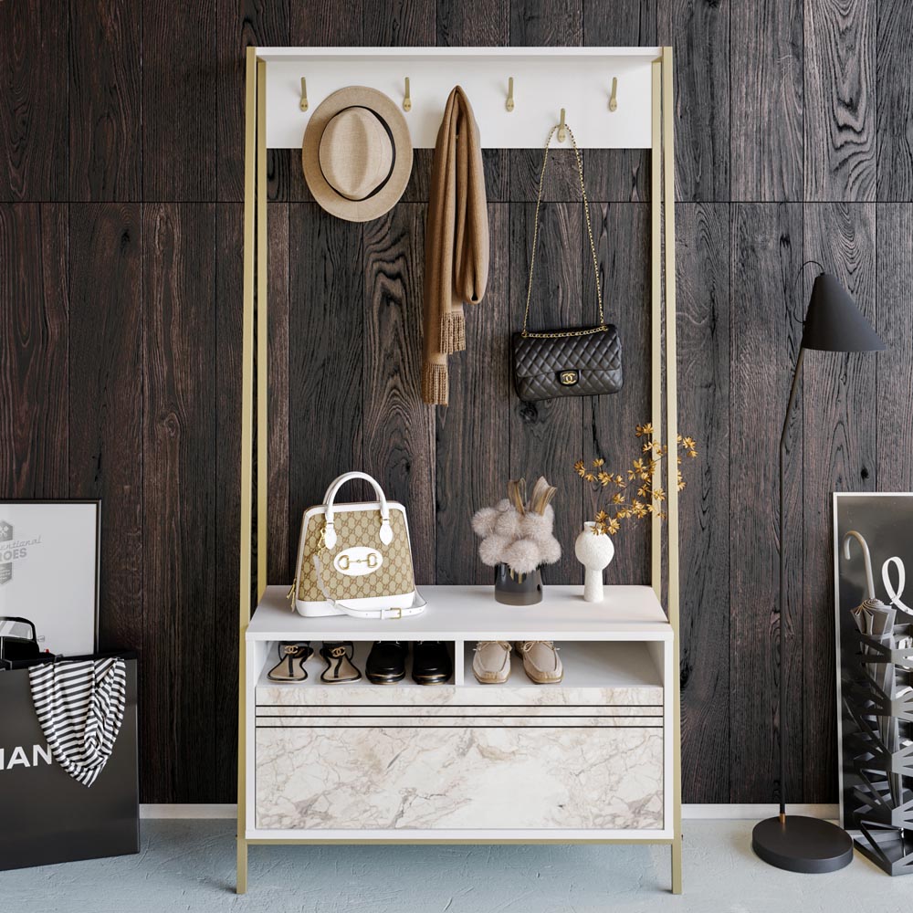 Decorotika Devin Single Door 2 Shelf White Marble and Gold Coat and Shoe Rack Image 5
