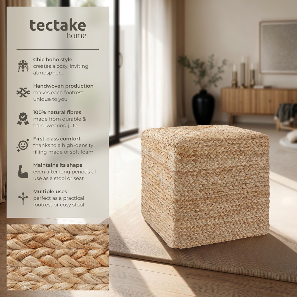 Tectake Banno Boho Style Natural Jute Cube Footstool Image 8