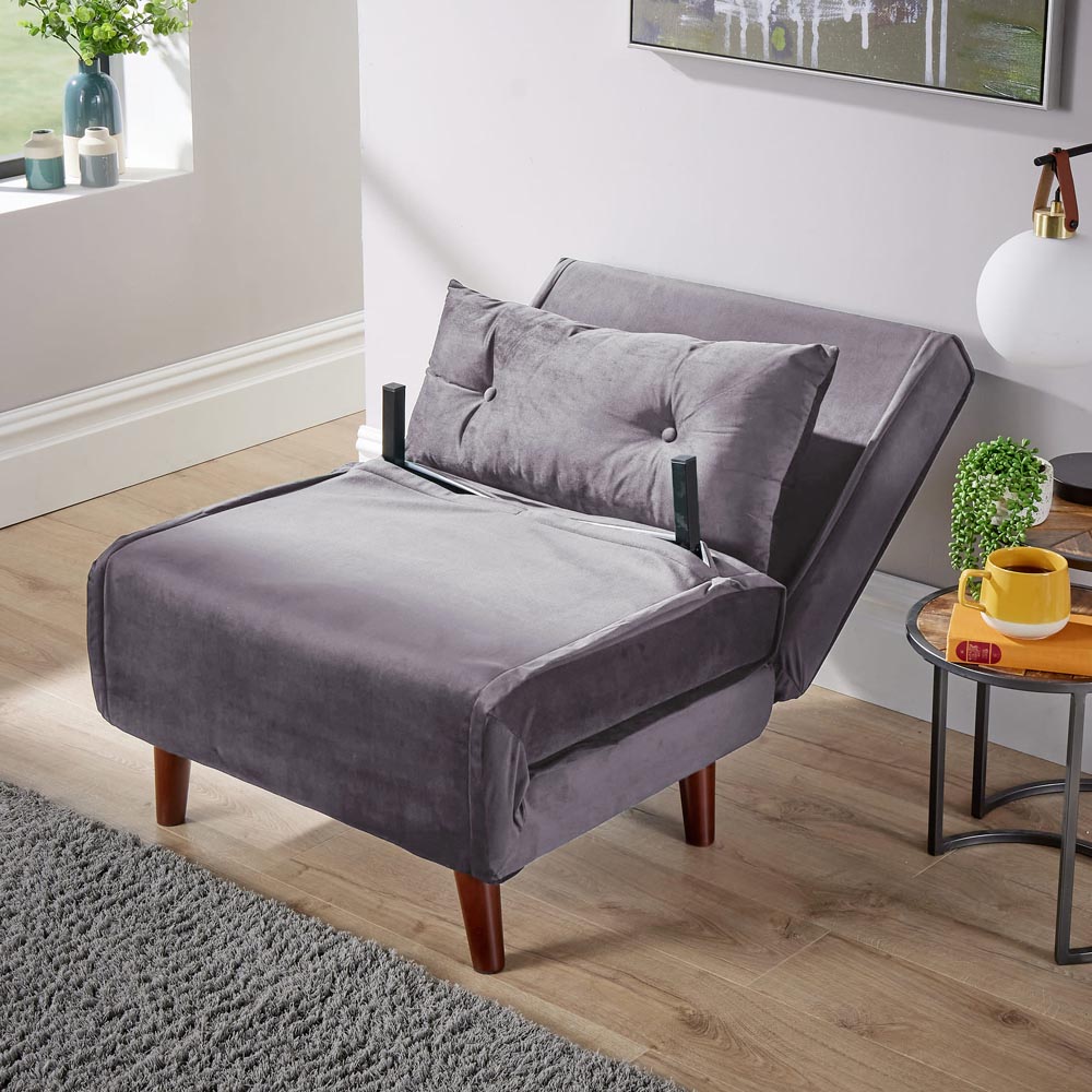 Home Source Morella Single Seater Grey Velvet Folding Sofa Bed with Pillow Image 6