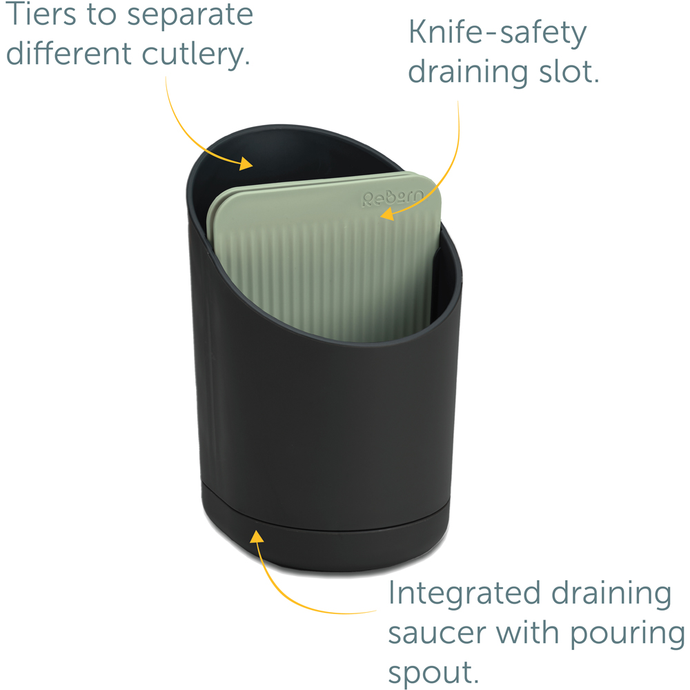 ReBorn Charcoal Grey and Sage Green Compact Plastic Cutlery Drainer with Knife Safety Slot Image 8