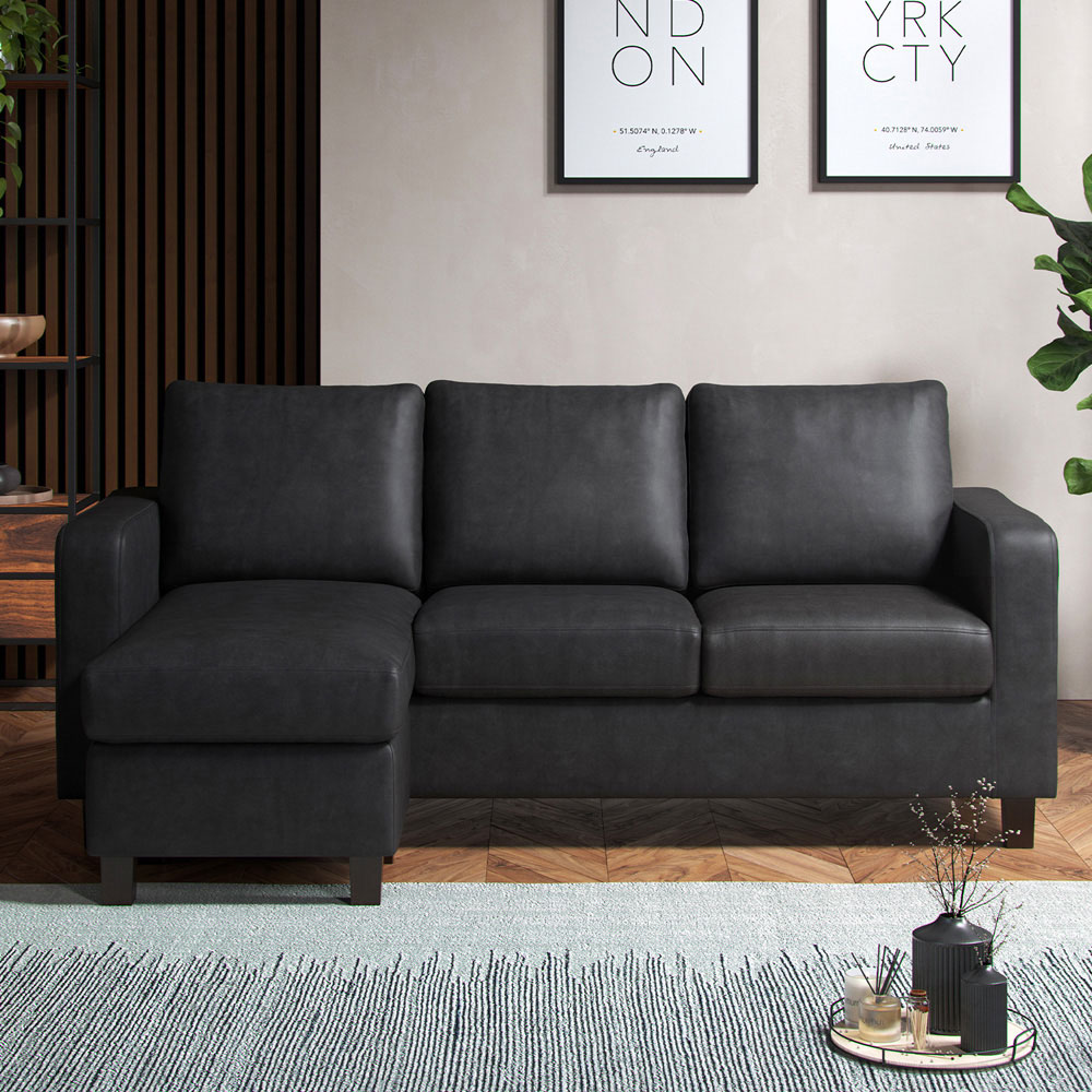 York 3 Seater Black Faux Leather Reversible L Shaped Corner Sofa Image 6