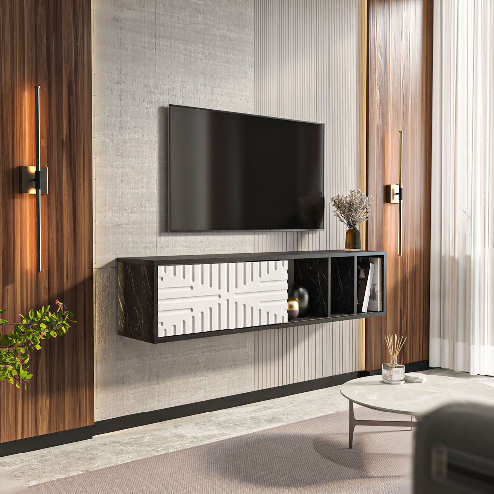 Decorotika Single Door 3 Shelf Black Marble and White Floating TV Unit Image 4