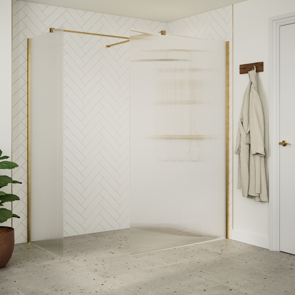Bathstore Nero Fluted Glass Wetroom Shower Panel with Brushed Brass Profile and Side Arm 900mm Image 2