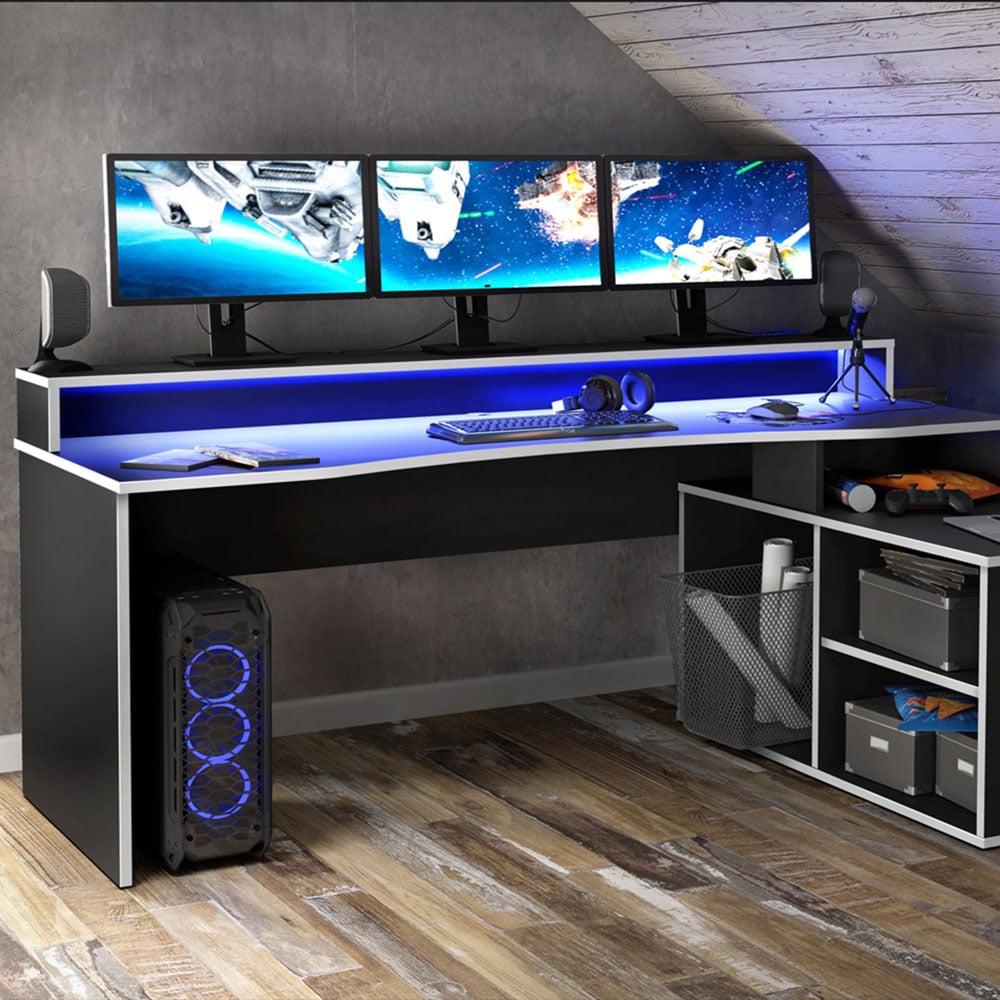 Florence Tezaur 3 Shelf Black Storage LED Gaming Desk Image 5