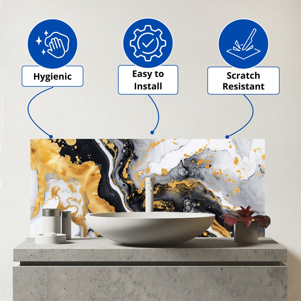 Warren Reed Designer Gold White and Black Marble Effect Bathroom Splashback 25 x 60cm Image 3