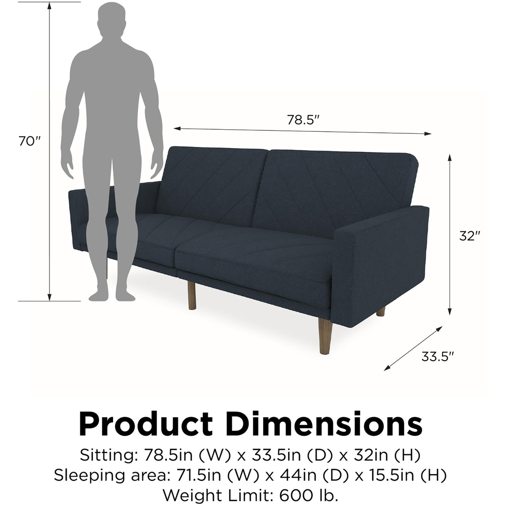 Dorel Paxson 3 Seater Linen Navy Blue Sofa Bed with Wooden Feet | Homebase