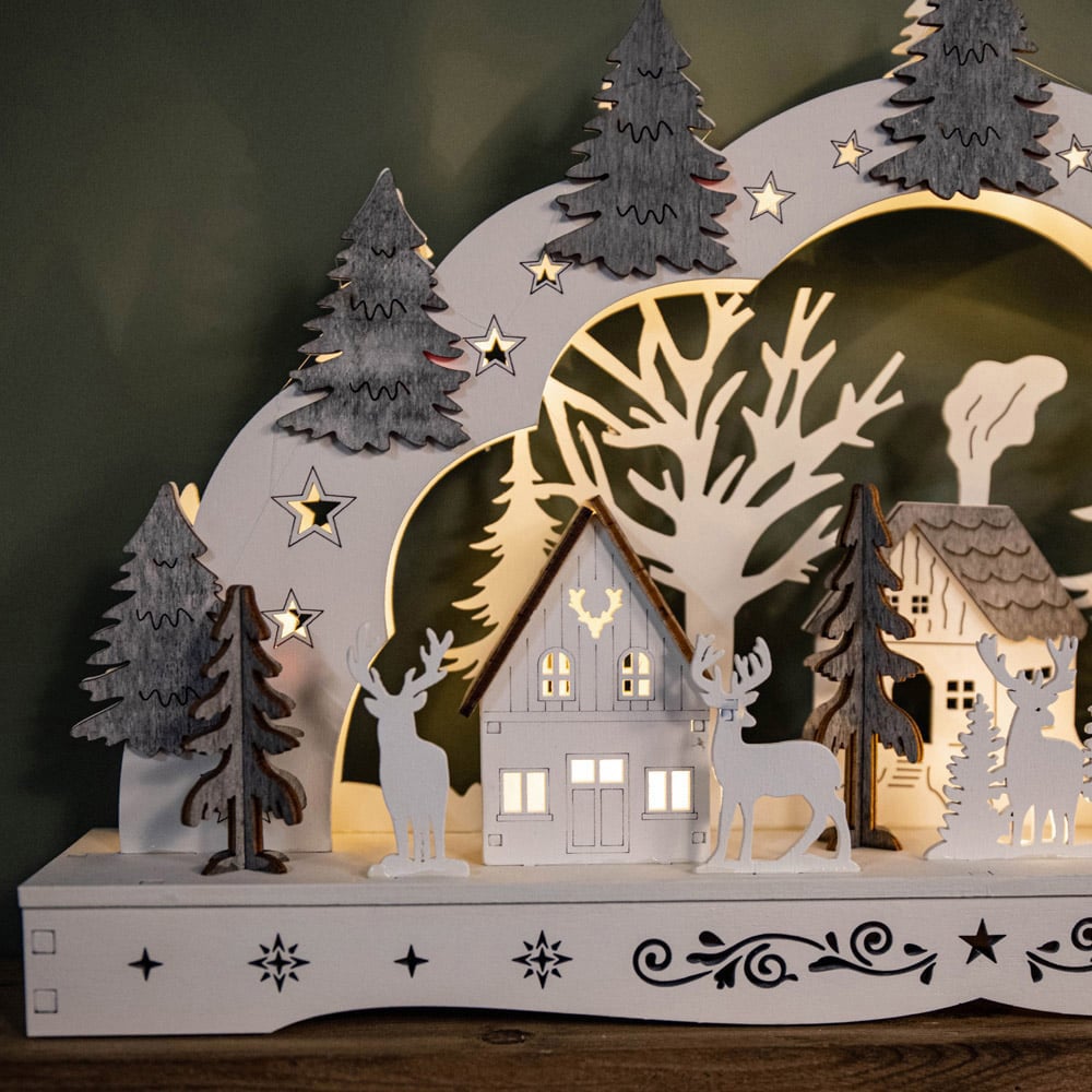 Samuel Alexander White Wooden Christmas Candle Bridge with Reindeer and Village Scene Image 4