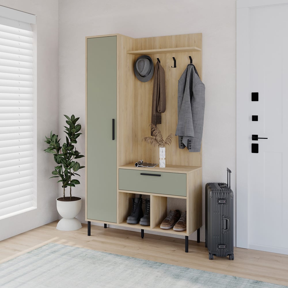 Decortie Acton Single Door Single Drawer Sapphire Oak Ash Green Entryway Coat Rack with Shoe Storage Image 5