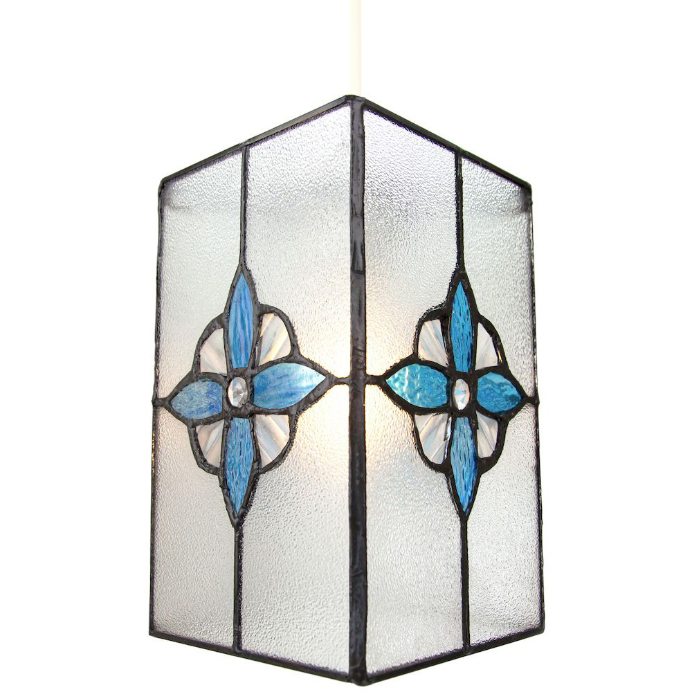 Happy Homewares Clear Glass Traditional Tiffany Style Pendant Shade with Teal Panels Image 5