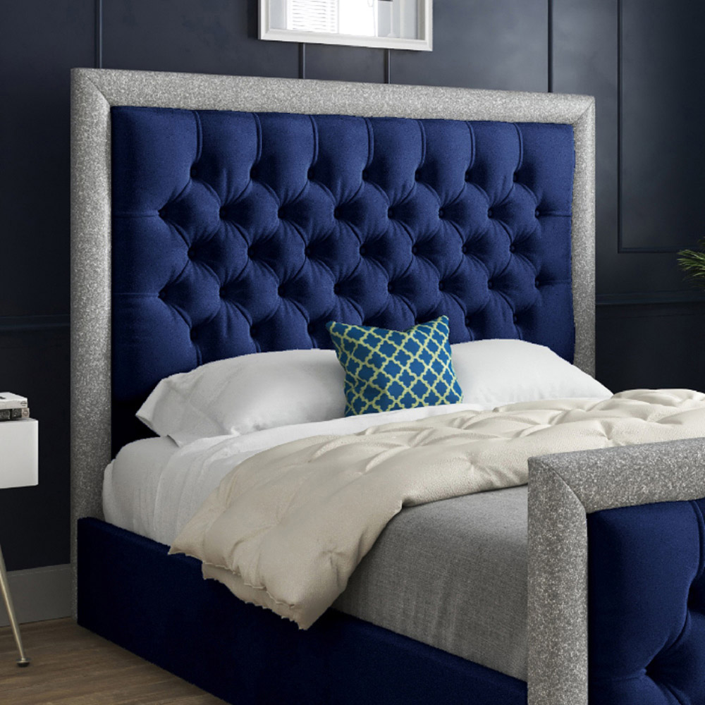 Venice Single Blue Soft Velvet Upholstered Bed Frame with Glitter Border Headboard Image 3