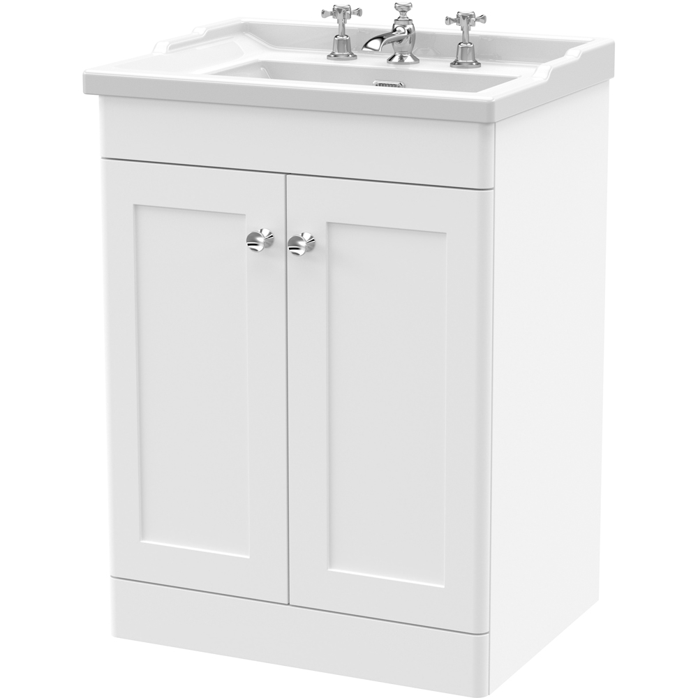 nuie Classique 2 Door Satin White Floor Standing Unit and 3 Tap Hole Fireclay Basin 600mm Image 1