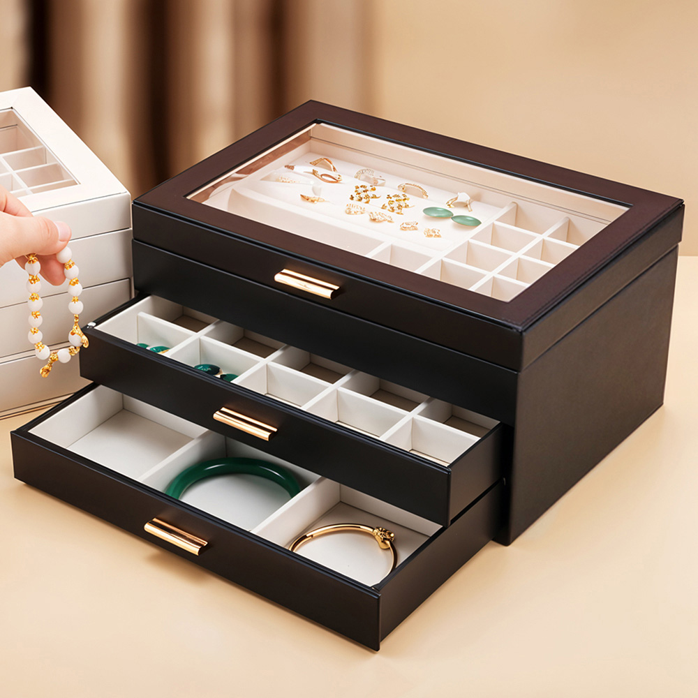 Living and Home 2 Drawer Black PU Leather Jewellery Box with Transparent Lid Image 2