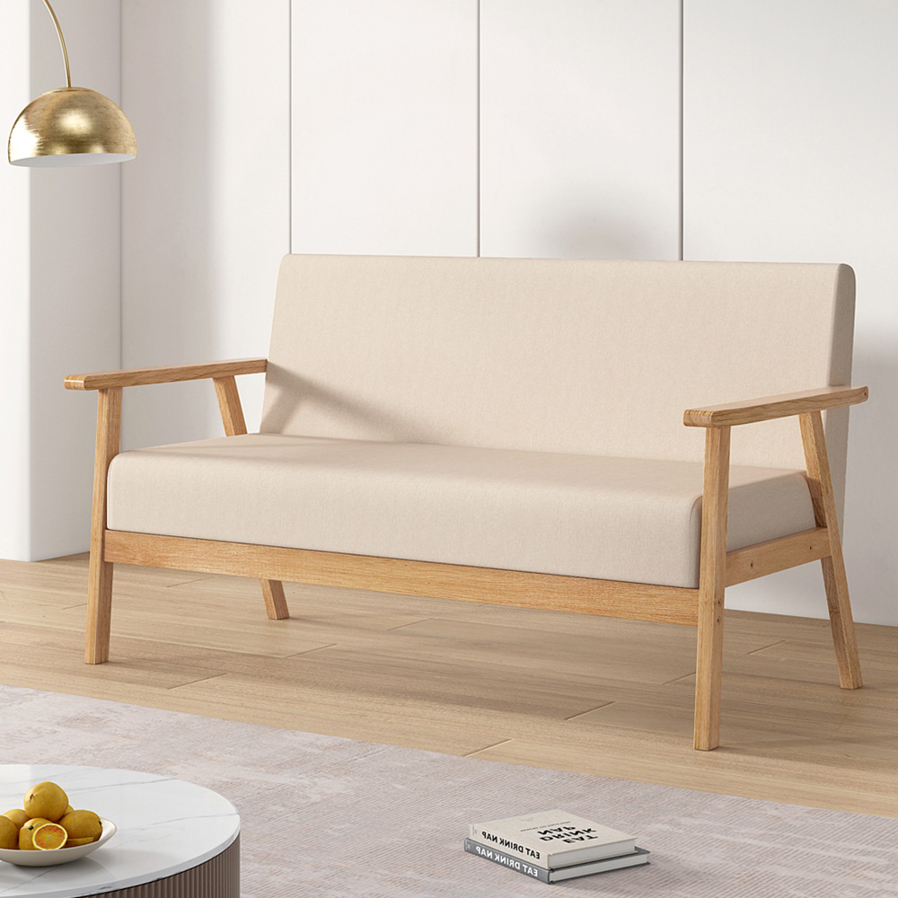 Beige 3 Seater Linen Country Wooden Sofa Image 4