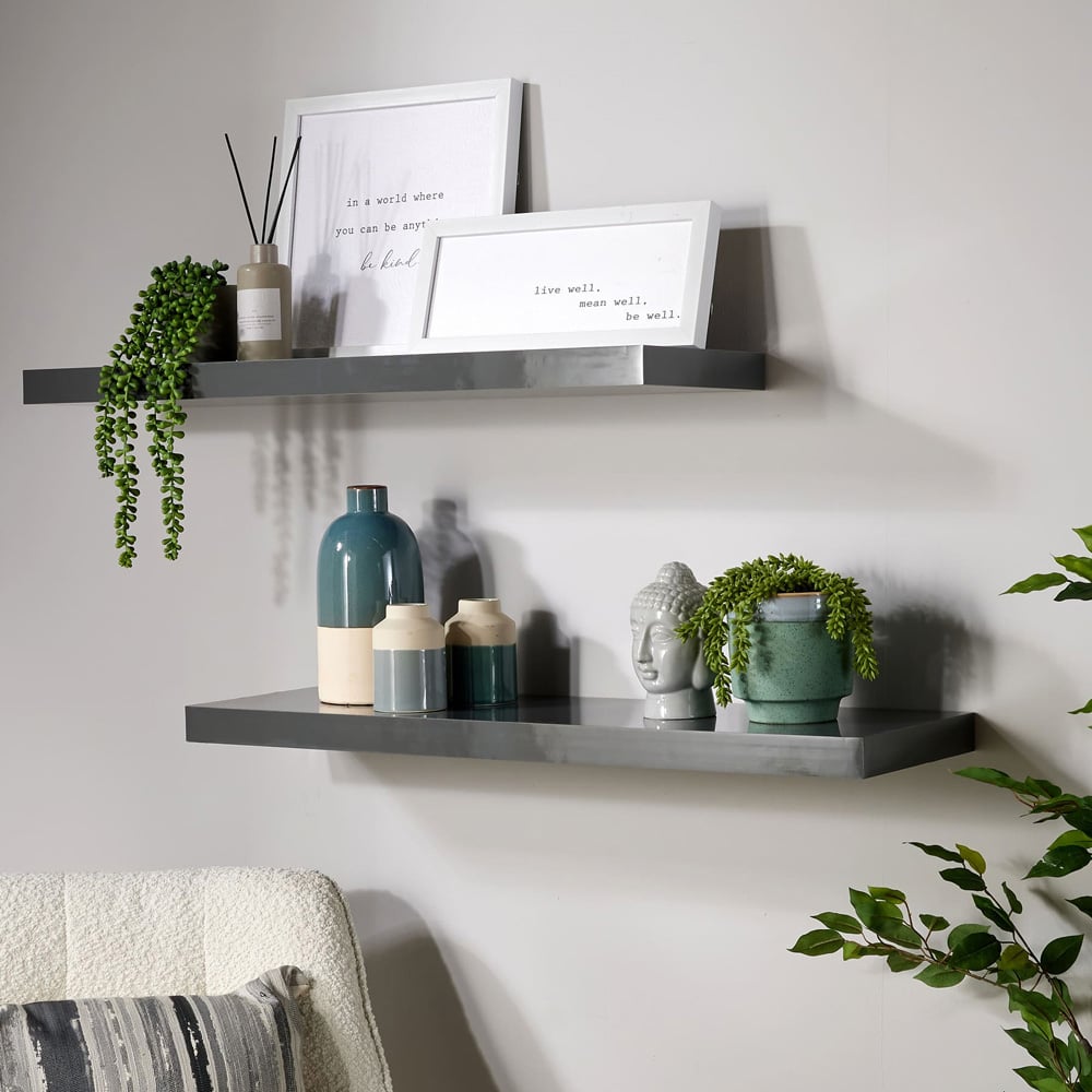 Home Source Cloud 80cm Set of 2 Grey Gloss Floating Shelf Image 2