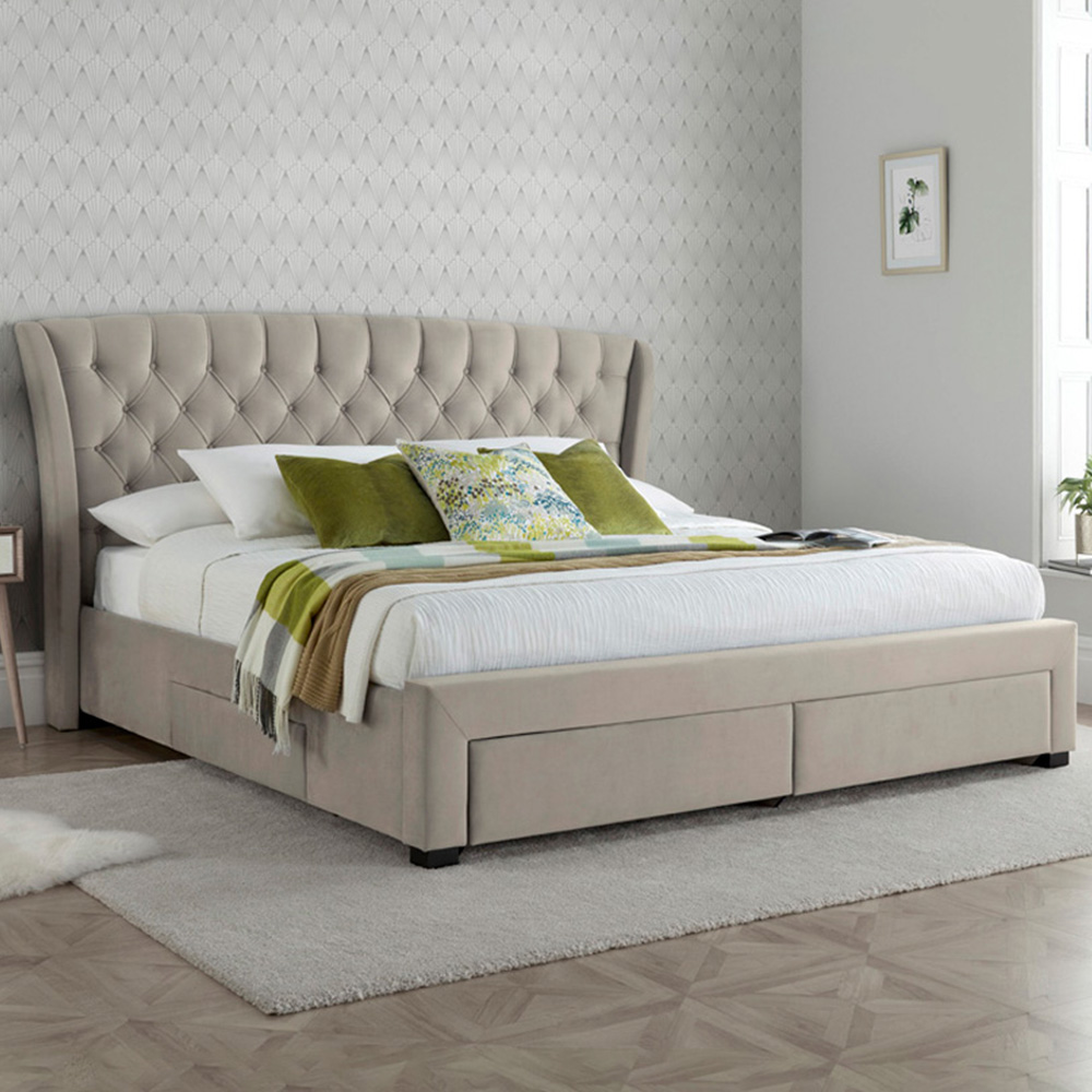 Bedmaster Newton Double Warm Stone Velvet Storage Bed Frame with 4 Drawers Image 1