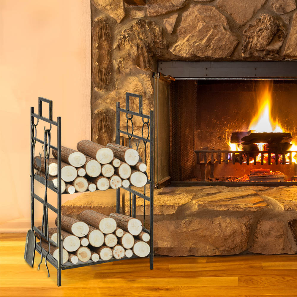 Outsunny 2 Tier Gold Firewood Log Rack with Tools Image 2