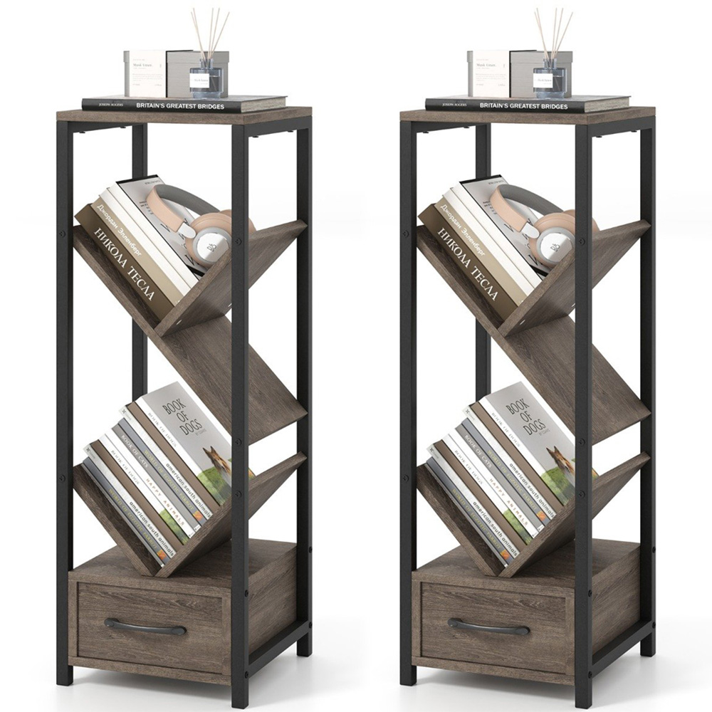 Costway 4 Tier Single Drawer Grey Floor Standing Tree Bookshelf Image 3