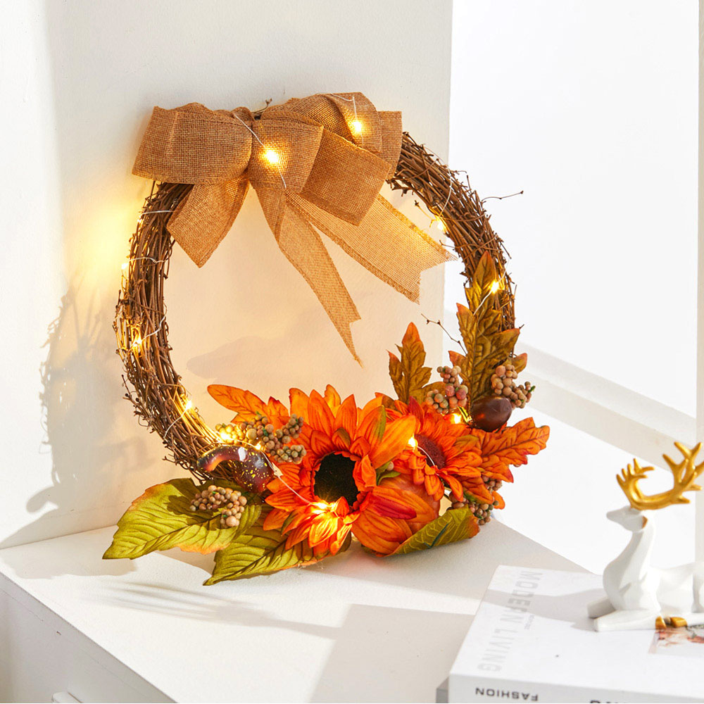 Living and Home Pre-Lit Wreath with Sunflower 35cm Image 2