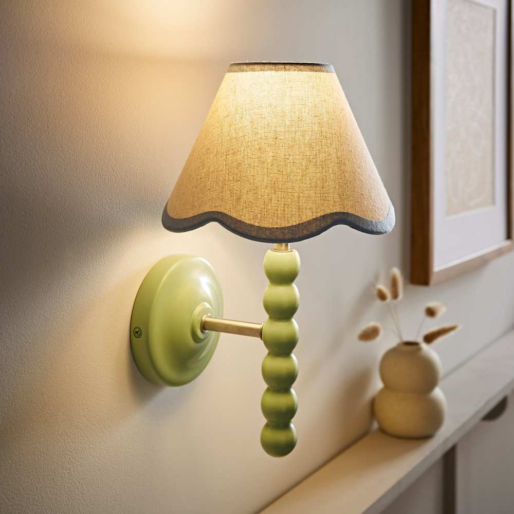 ValueLights Blue Trim Scallop Shade Green Bobbin LED Wall Light with Bulb 2 Pack Image 3