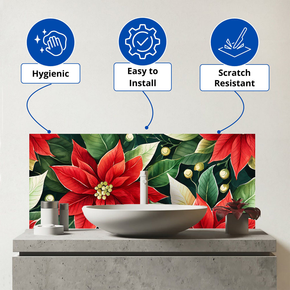 Warren Reed Designer Poinsetta Watercolour Glass Bathroom Splashback 25 x 60cm Image 3