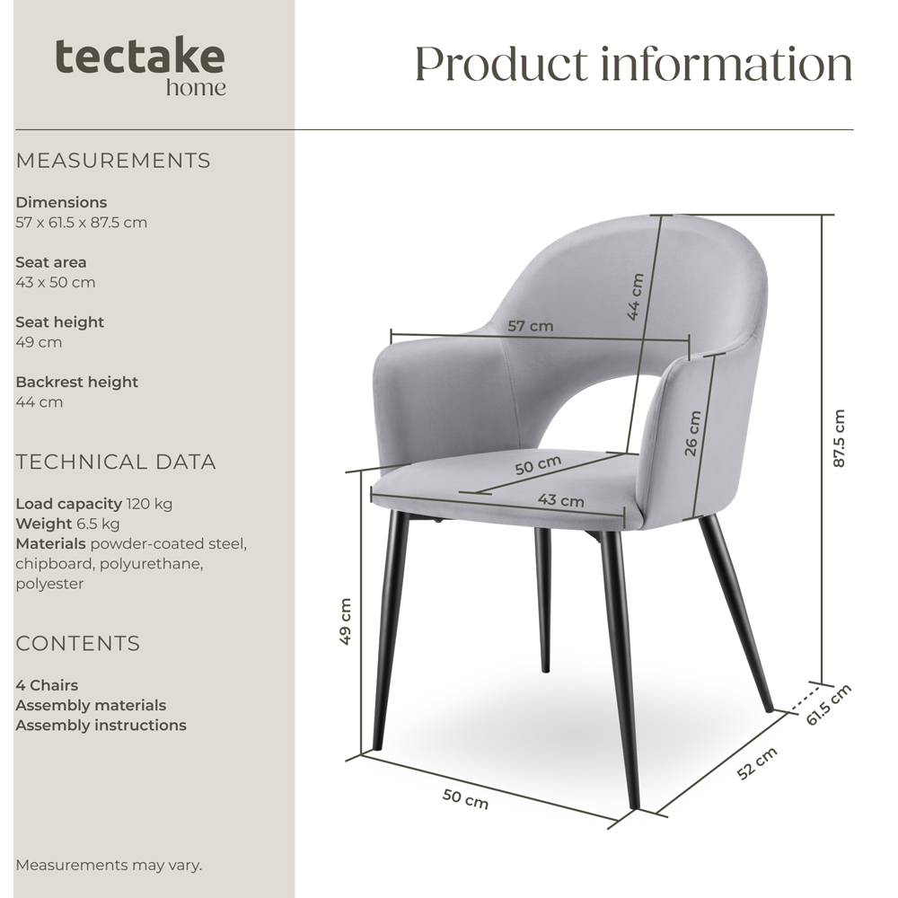 tectake Sasha Set of 4 Light Grey Dining Chair Image 9