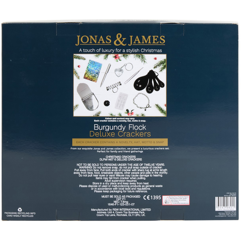 Jonas & James Pack of 6 Deluxe Crackers Burgundy and Gold - Burgundy Image 2