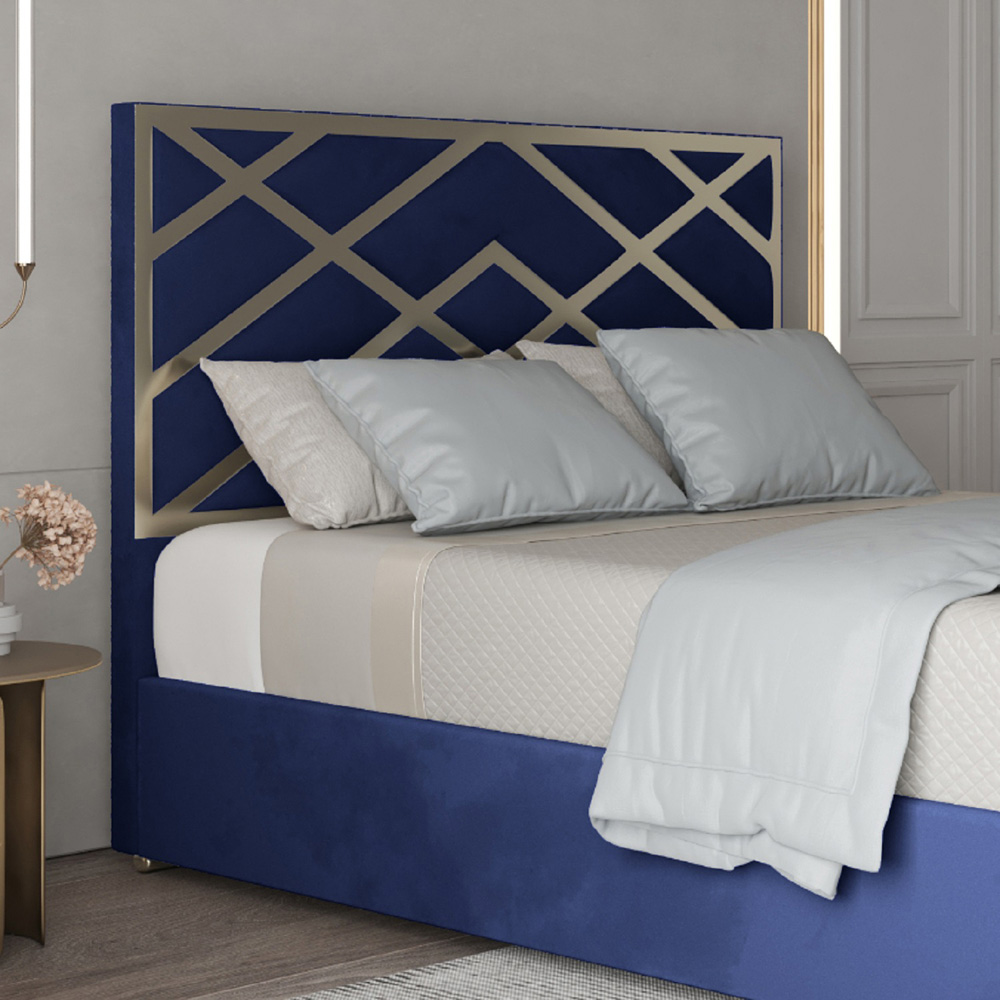 Mayfair Blue Small Double Velvet Upholstered Metal Bed Frame with Panelled Headboard Image 3