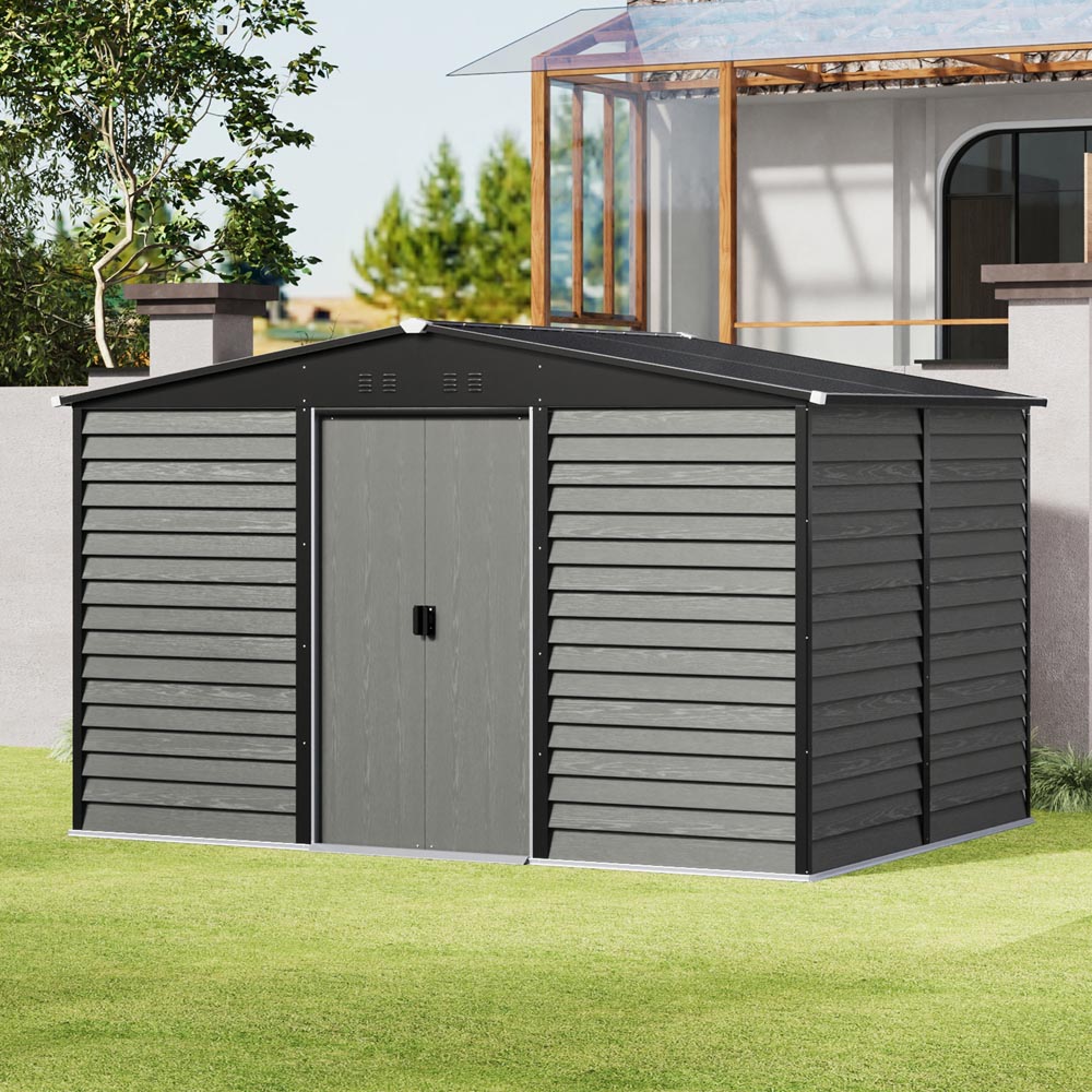 Living and Home 12 x 8.5ft Grey Metal Double Door Garden Storage Shed Image 2