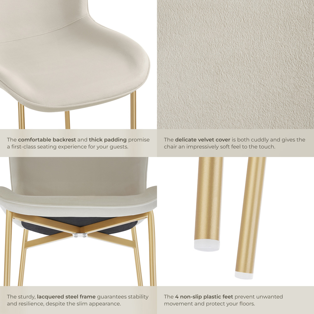 tectake Tessa Set of 4 Beige and Gold Velvet Padded Dining Chair Image 4
