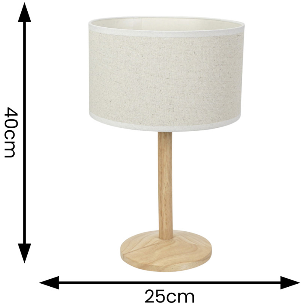 ValueLights Triston Linen White Edge Drum Shade Natural Light Wood Stem LED Table Lamp Image 6