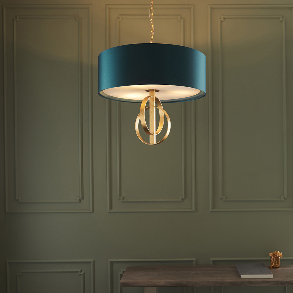 Merano Trento Antique Gold and Teal Satin Fabric 3 Light Pendant Ceiling Light Image 2