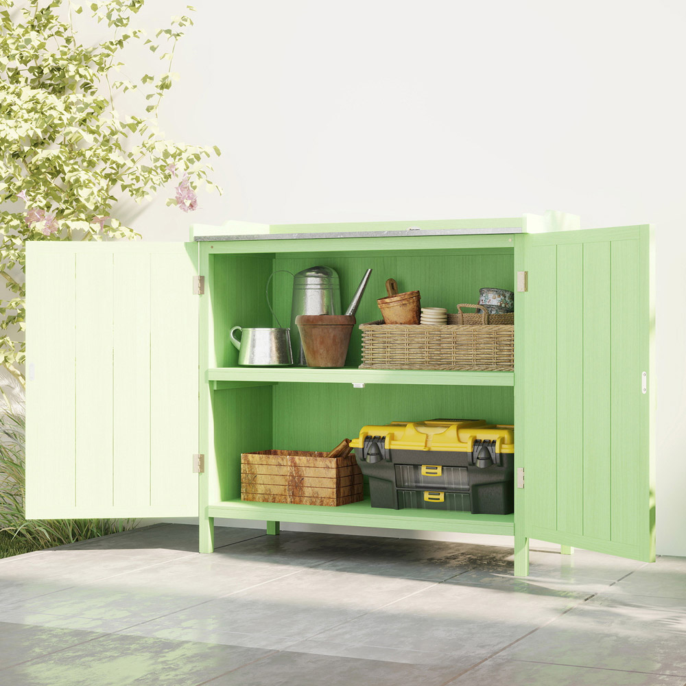 Outsunny 2 Door Green Garden Storage Cabinet with Galvanised Top Image 4