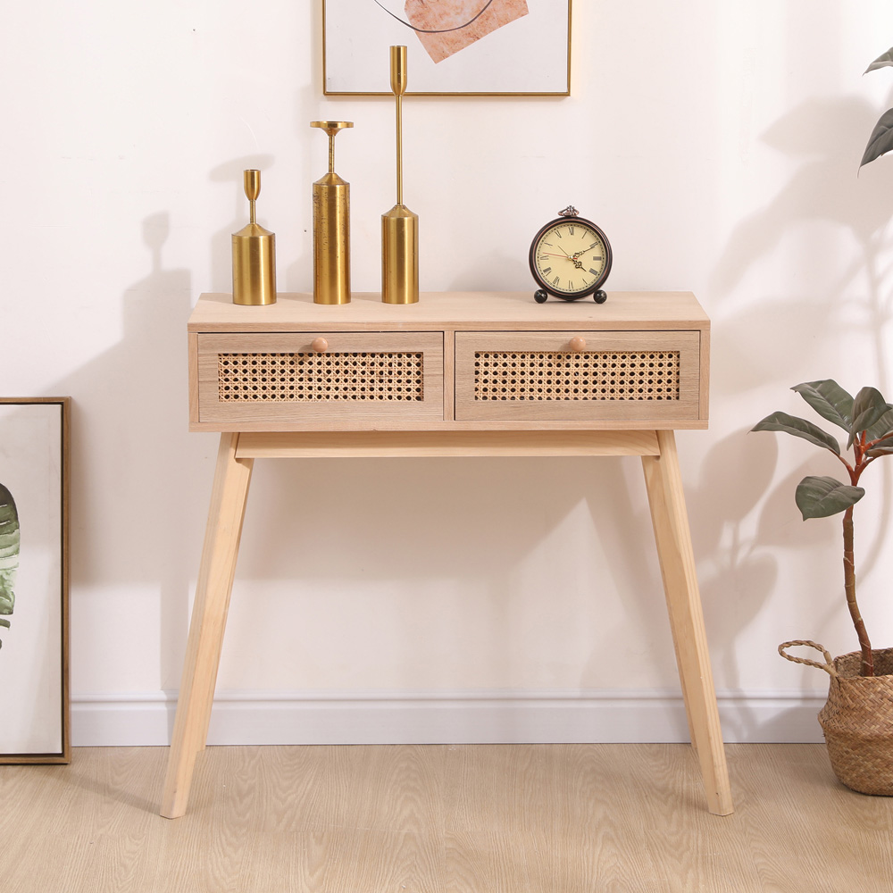FurnitureHMD 2 Drawer Natural Rattan Weaving Console Table Image 4