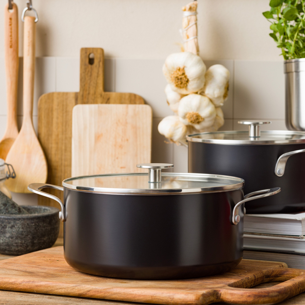 KitchenAid Coloured 24cm Matte Black Aluminium Casserole with Lid Image 8