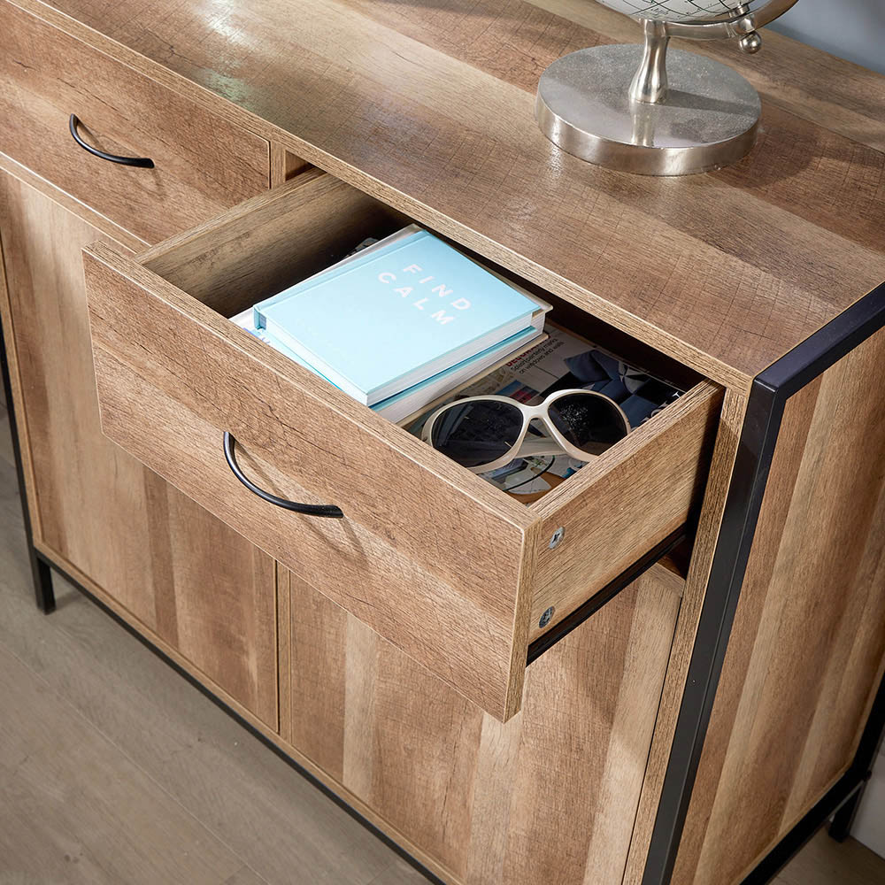 Home Source Oakmere 2 Door 2 Drawer Black and Oak Effect Industrial Sideboard Image 4