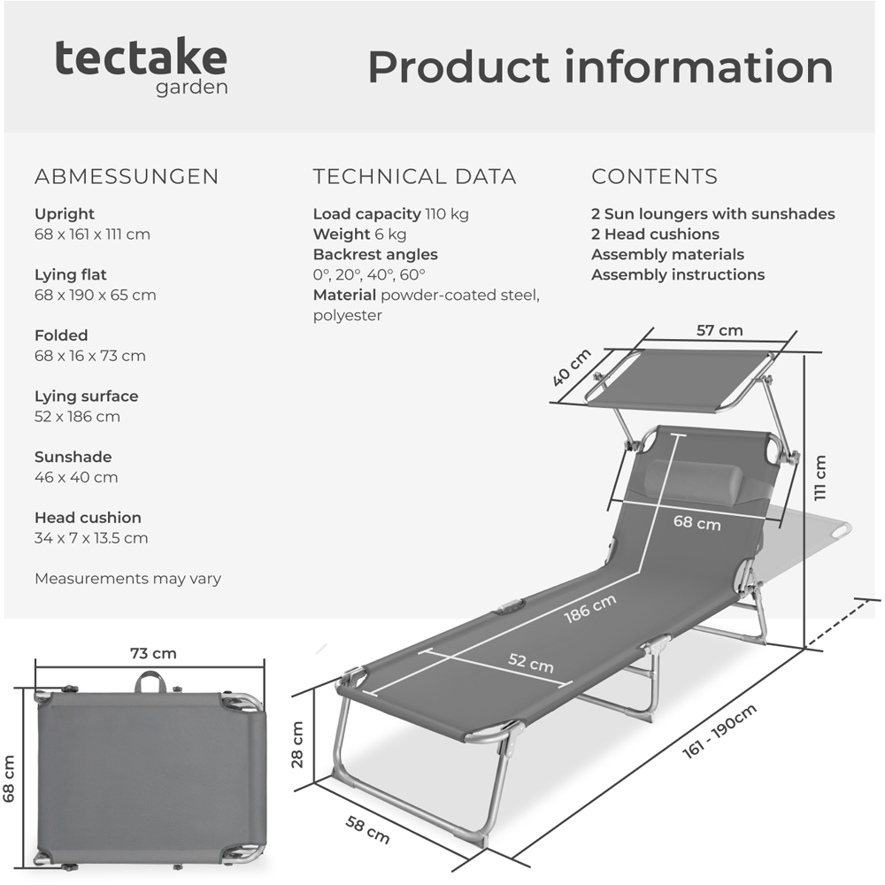 tectake Chloé Set of 2 Grey 4 Step Backrest Sun Lounger with Head Cushion Image 9