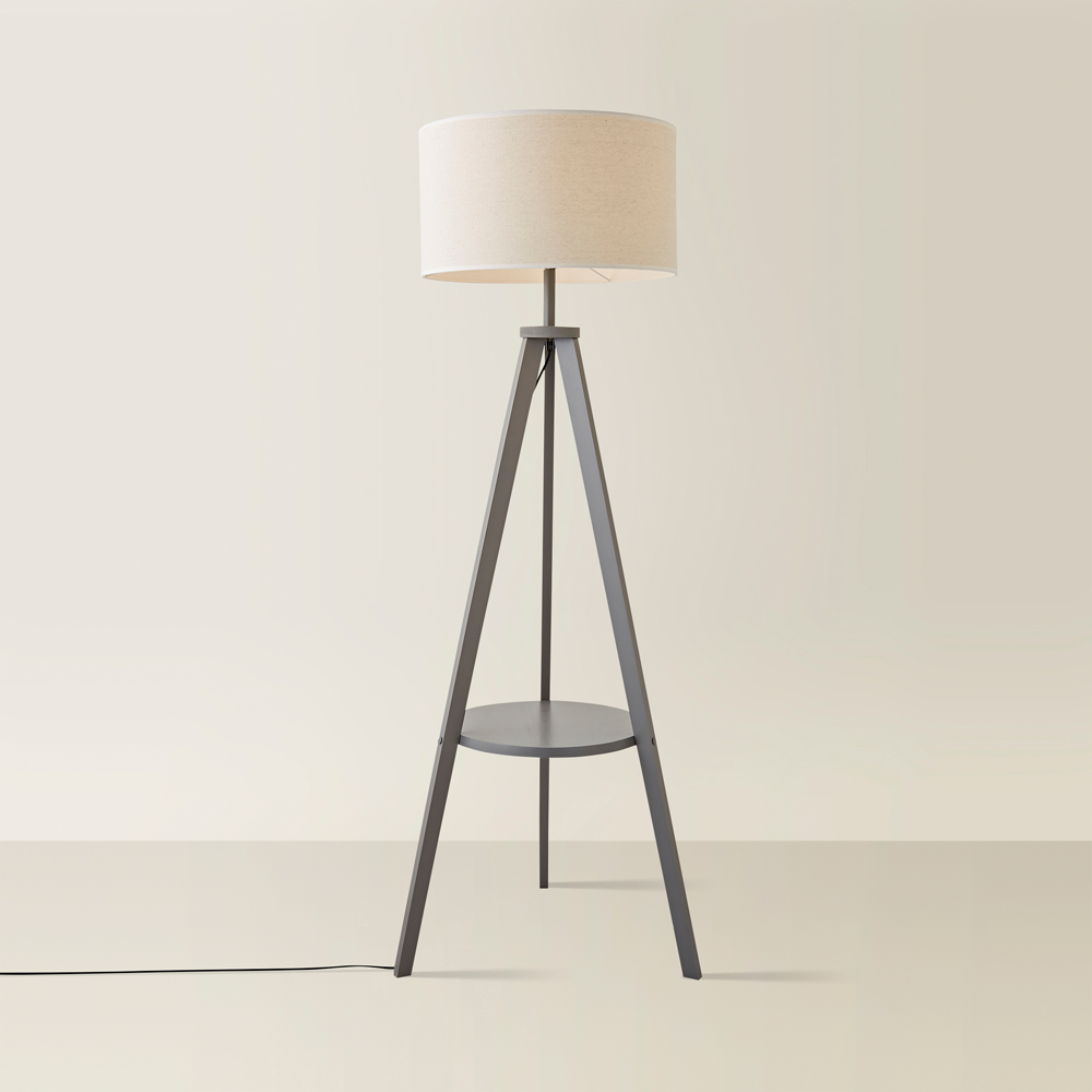 ValueLights Morrigan Grey Wood Shelf White Trim Shade Tripod Floor Lamp with Bulb Image 5