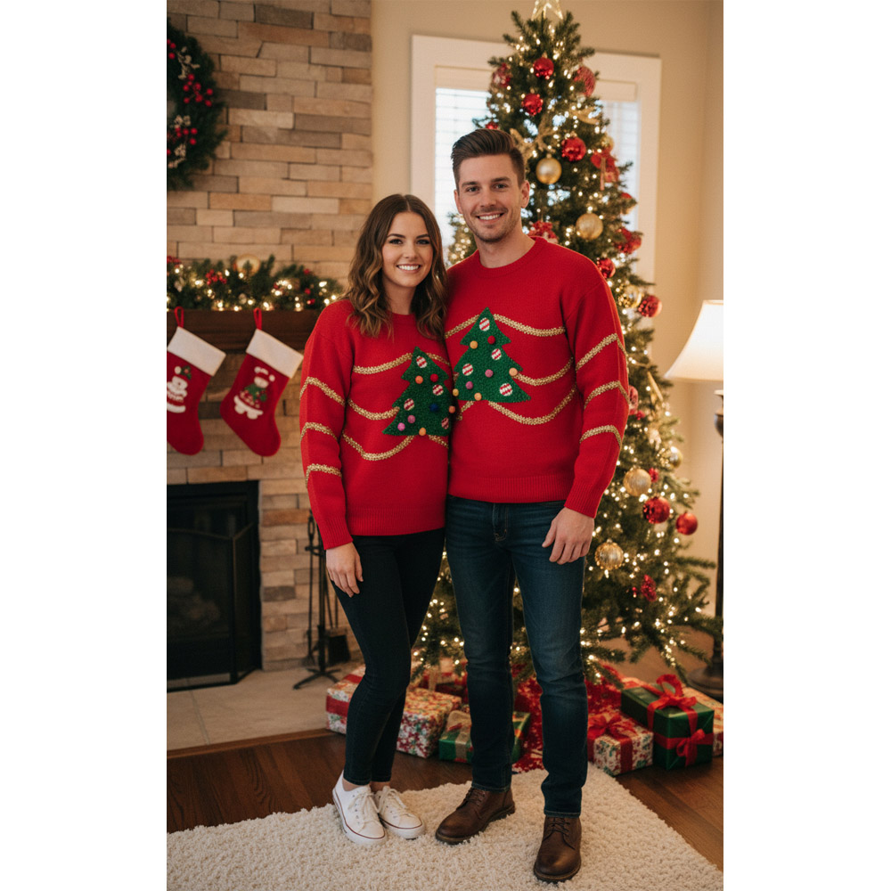 Noel Square Tree Crew Neck Xmas Jumper XL Red Image 3