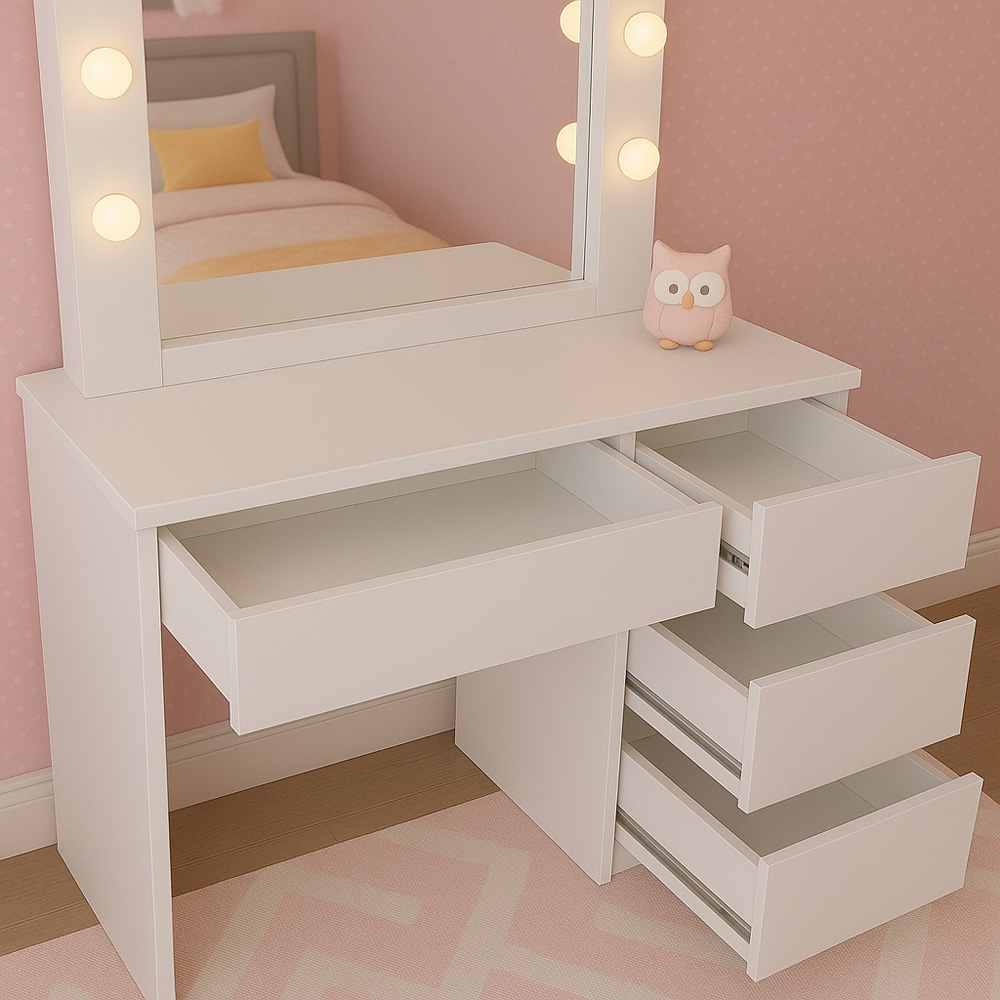 Portland 4 Drawer White Dressing Table Set with LED Mirror Image 3