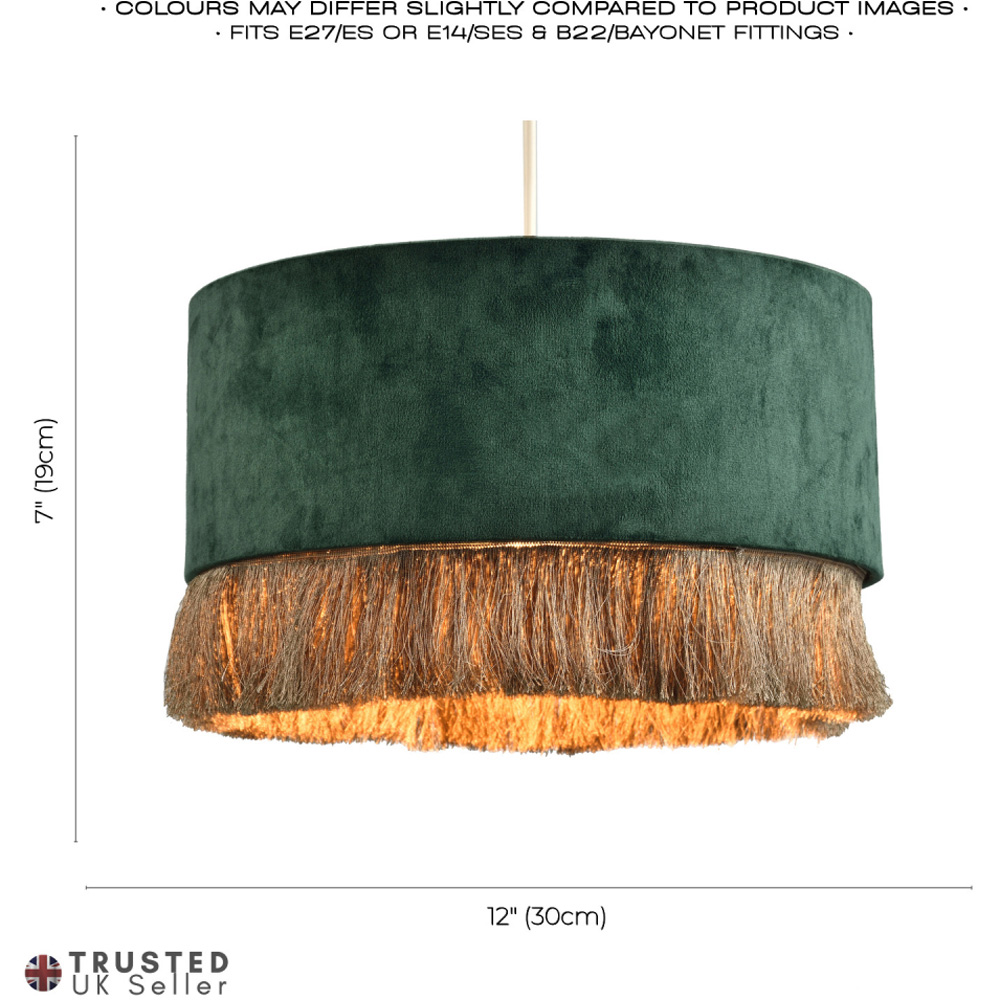 Happy Homewares Forest Green Soft Velvet Circular Gold Tassels Pendant Shade Image 7