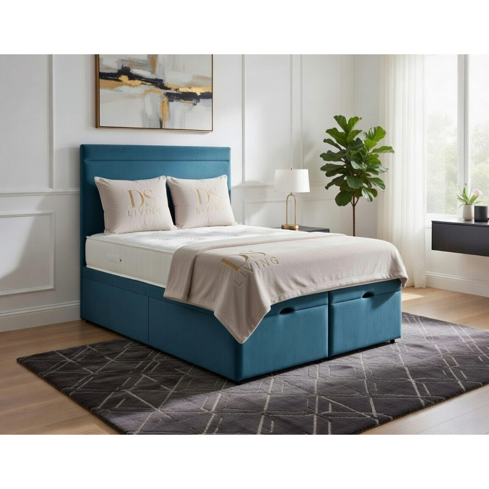 DS Living Majesty Double Sky Blue Plush Velvet Ottoman Bed Image 6