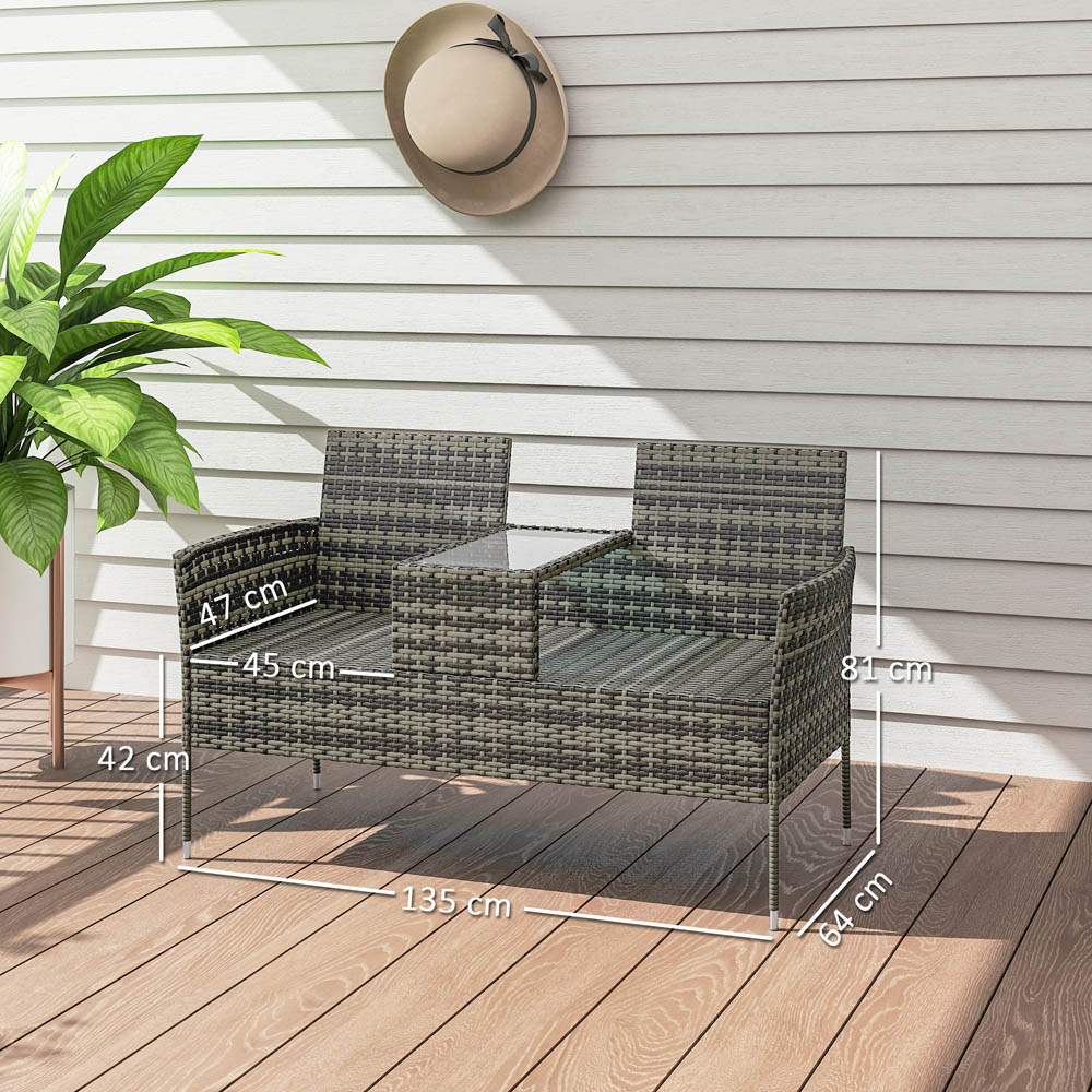 Outsunny 2 Seater Charcoal Grey Rattan Garden Bench with Glass Table Image 9