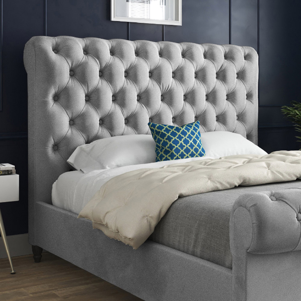 Sienna Double Grey Soft Velvet Upholstered Sleigh Bed Frame with Scrolled Headboard Image 3