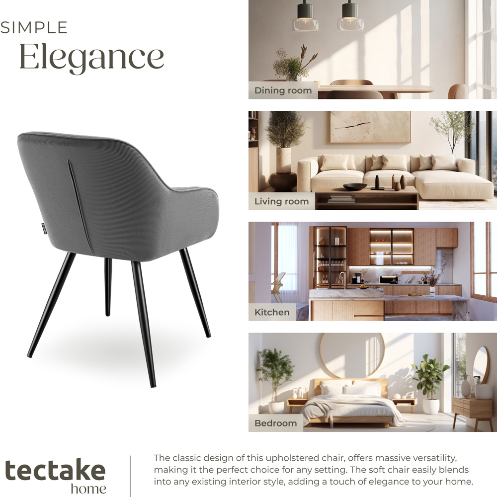 tectake Marilyn Set of 2 Grey and Black Corduroy Padded Dining Chair Image 7