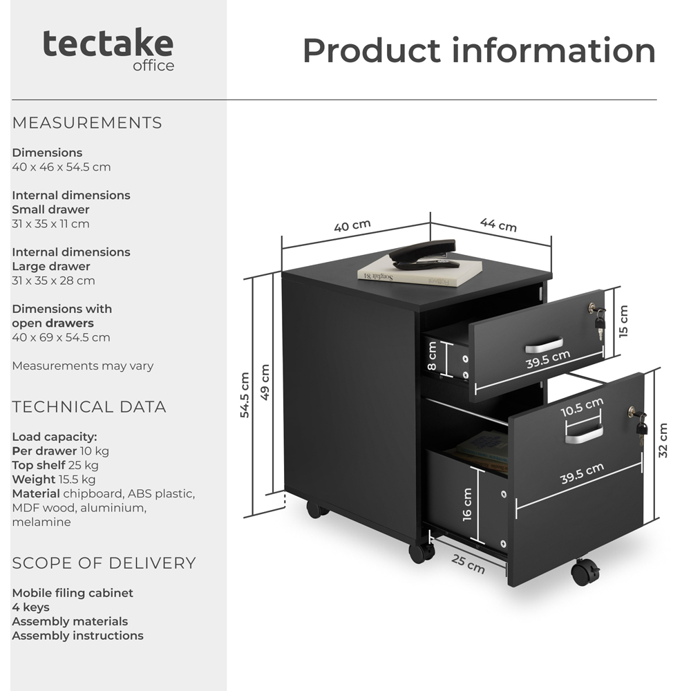 tectake 2 Drawer Black Filing Cabinet with Wheels Image 9