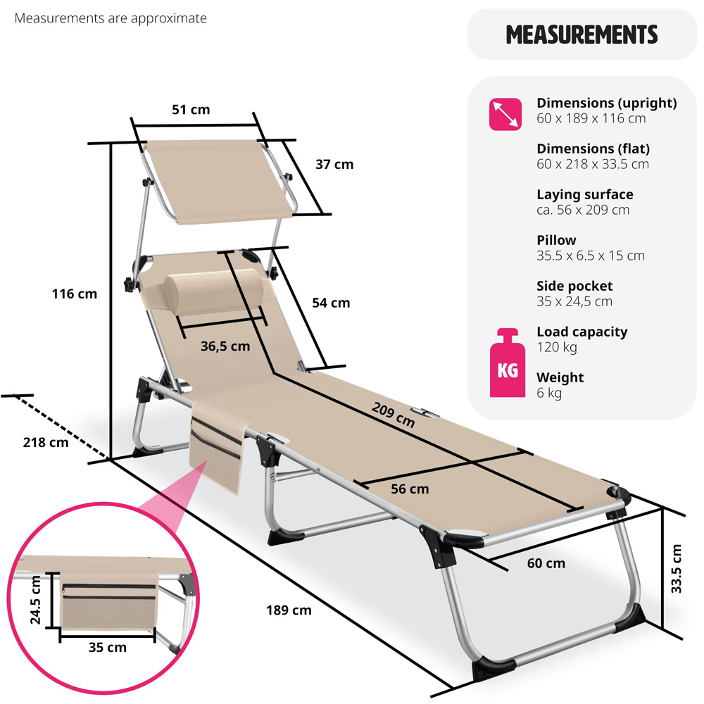 tectake Aurelie Beige Foldable and Adjustable Sun Lounger with Headrest Image 9