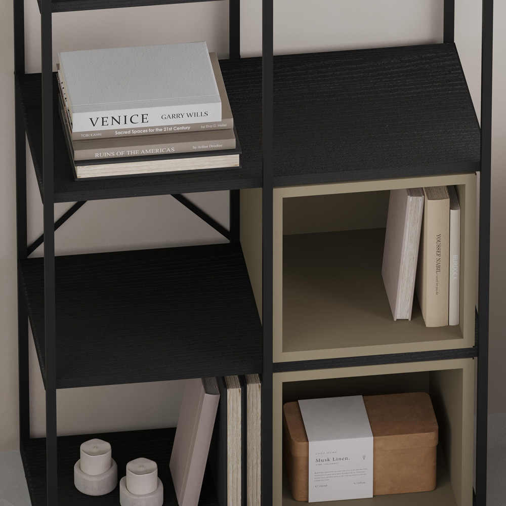 Decortie Vale Midi 10 Shelf Black Wood and Ash Green Bookcase Image 3